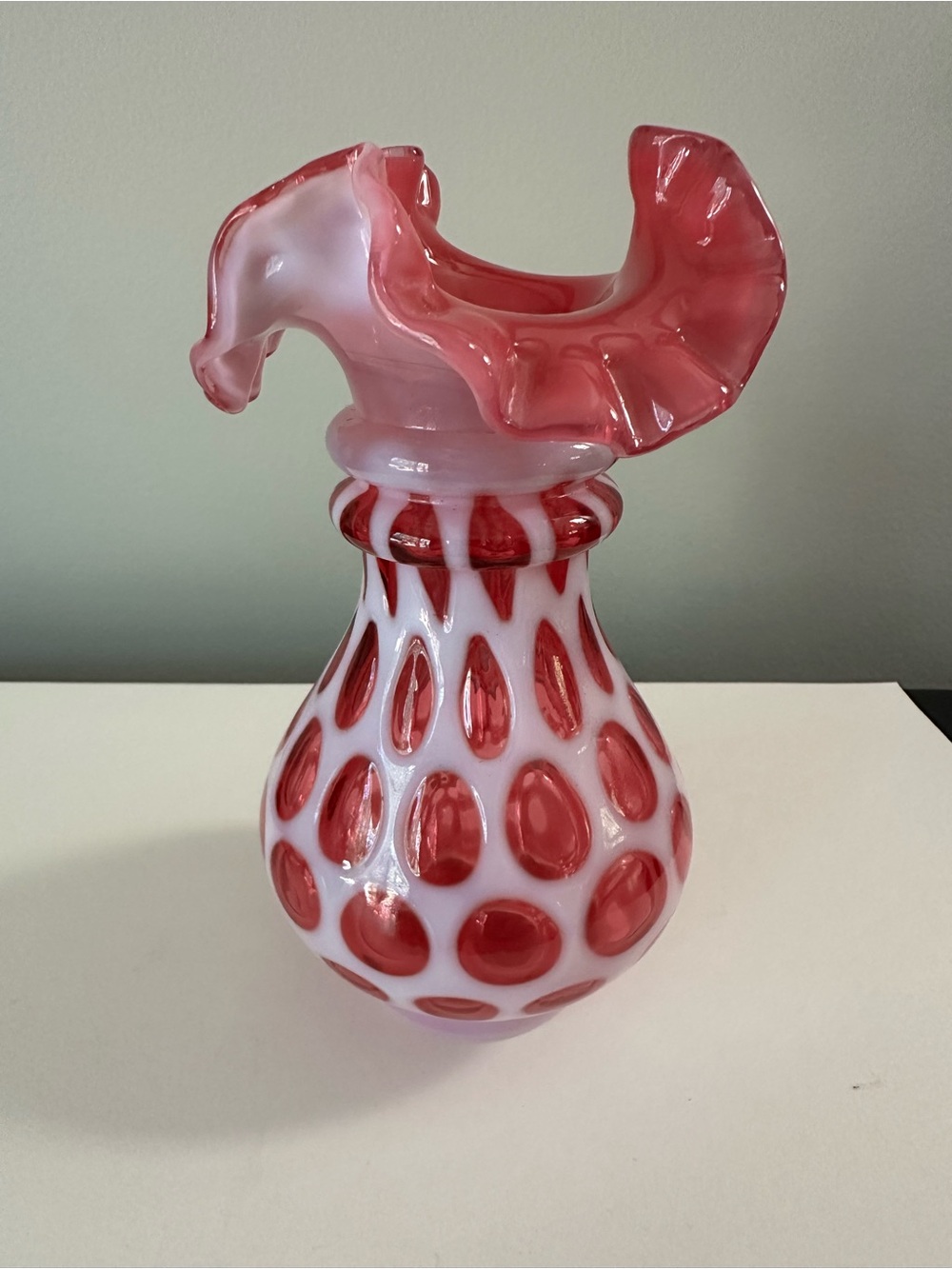 Vintage Fenton Cranberry Opalescent Coin Dot 6” Vase